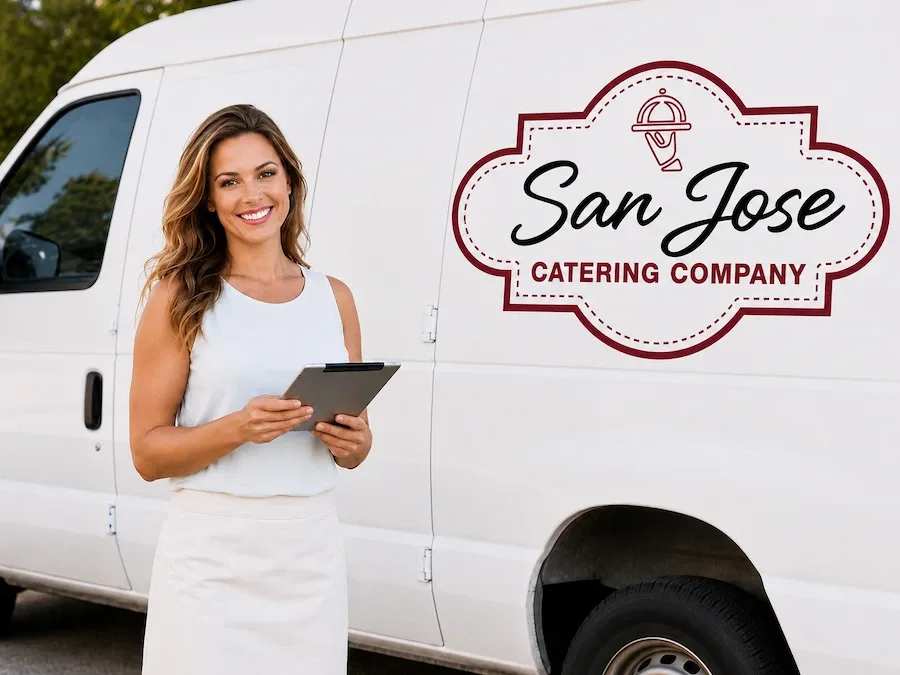 San Jose Catering Company coordinator standing outside with a tablet beside a professional catering van.