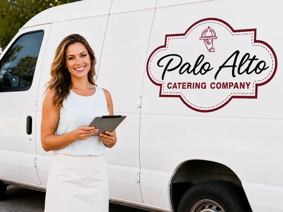 Palo Alto Catering Company event professional holding a tablet in front of the company delivery van.