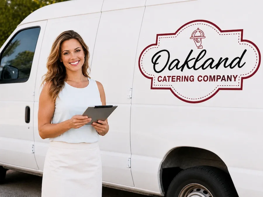 Oakland Catering Company representative standing beside a branded van used for Bay Area catering deliveries.