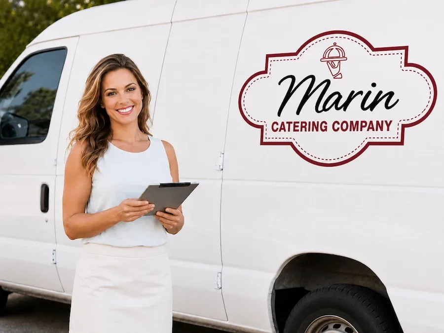Smiling Marin Catering Company coordinator holding a tablet beside a branded white delivery van.