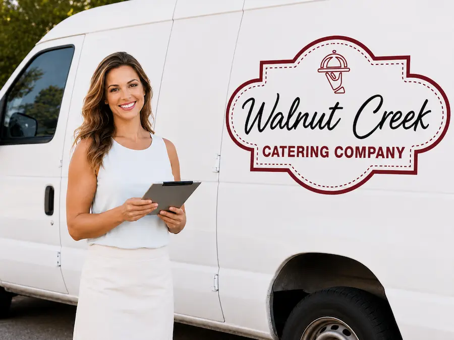 Walnut Creek Catering Company team member preparing for a delivery beside the company’s branded catering van.
