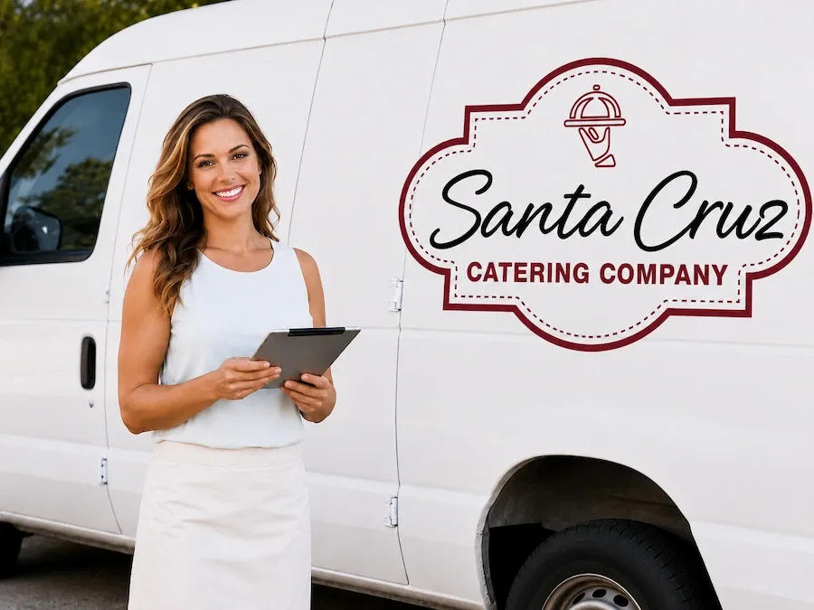 Catering coordinator with a tablet beside the white delivery van loaded with covered trays — drop-off Santa Cruz catering headed to an office, beach house, or Capitola party